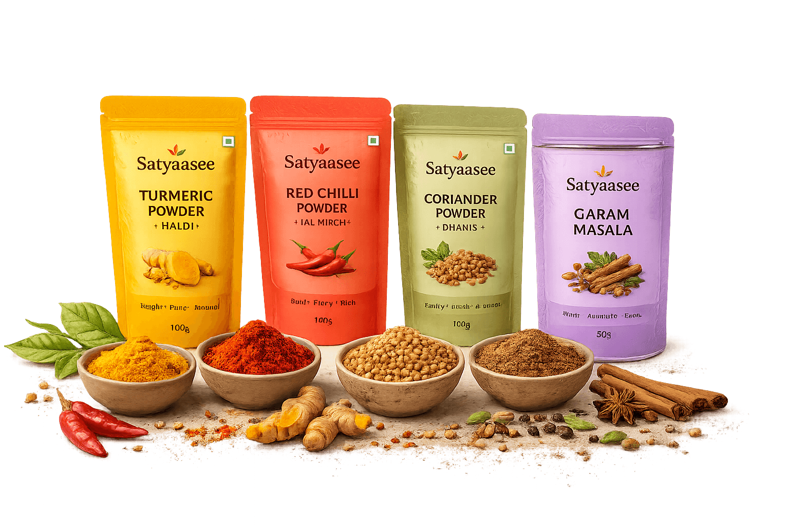 Satyasee spice pouches arranged with bowls of turmeric, chilli, coriander, and garam masala