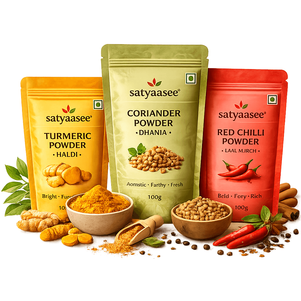 Satyasee spice pouches with bowls of ground spices and whole ingredients
