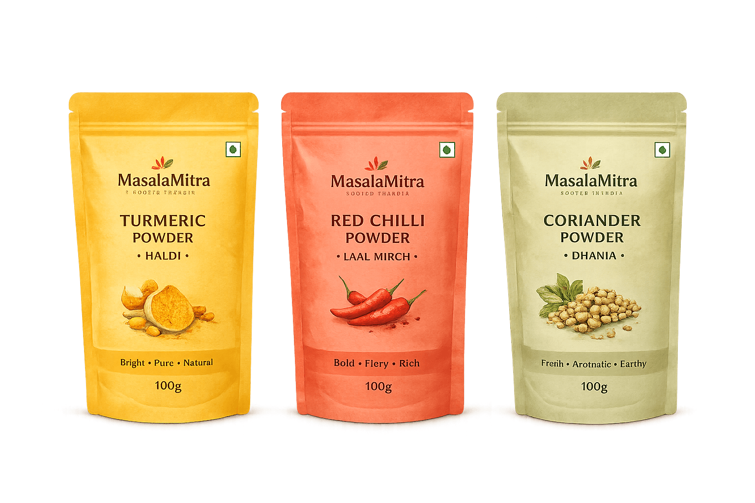 Satyasee turmeric, red chilli, and coriander pouches