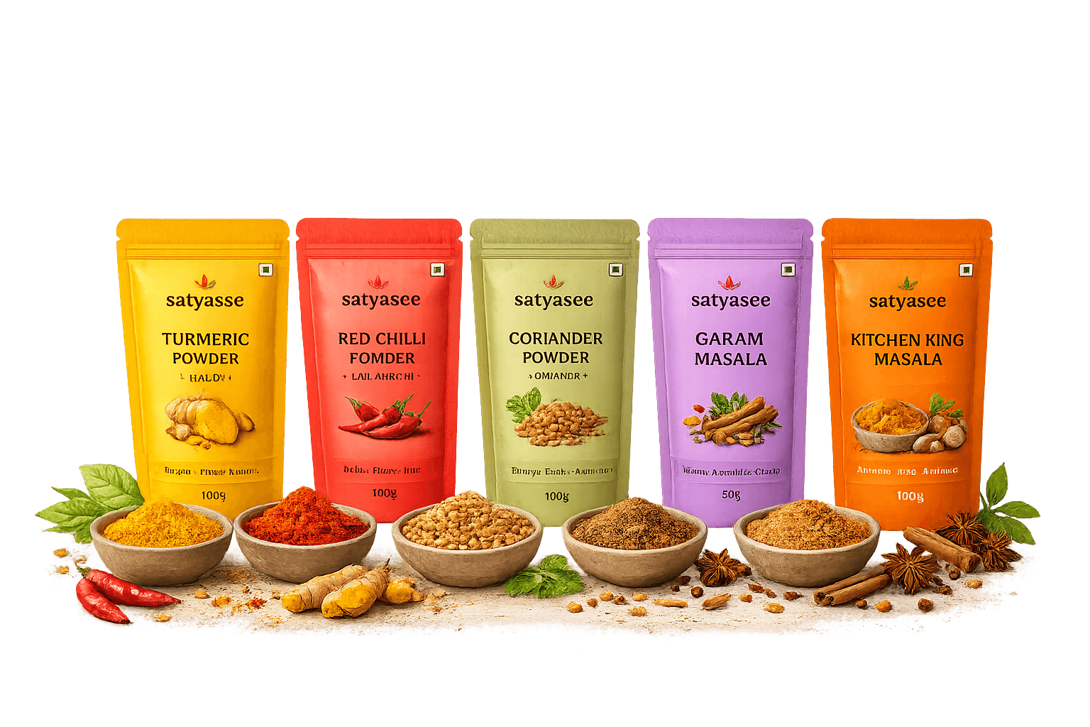 Satyasee spice range arranged with whole spices